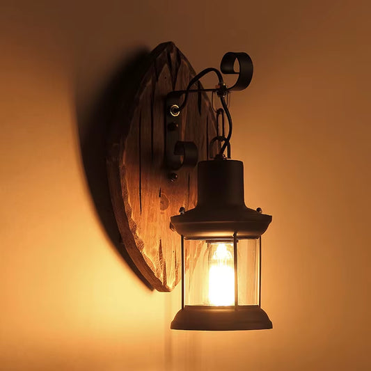 Loft Industrial Restaurant Wall Lamp Wood Vintage Light Bedside Bedroom Cafe Aisle Corridor Glass Wall Light Wood Lamp