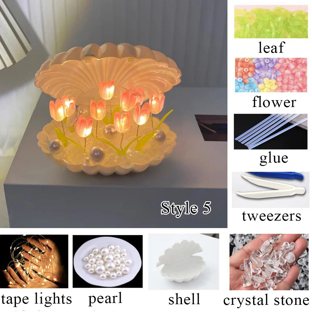DIY Simulation Tulip LED Night Light Battery Operated Flower Table Lamp Tulips Handmade Material Bedside Lights Bedroom Decor
