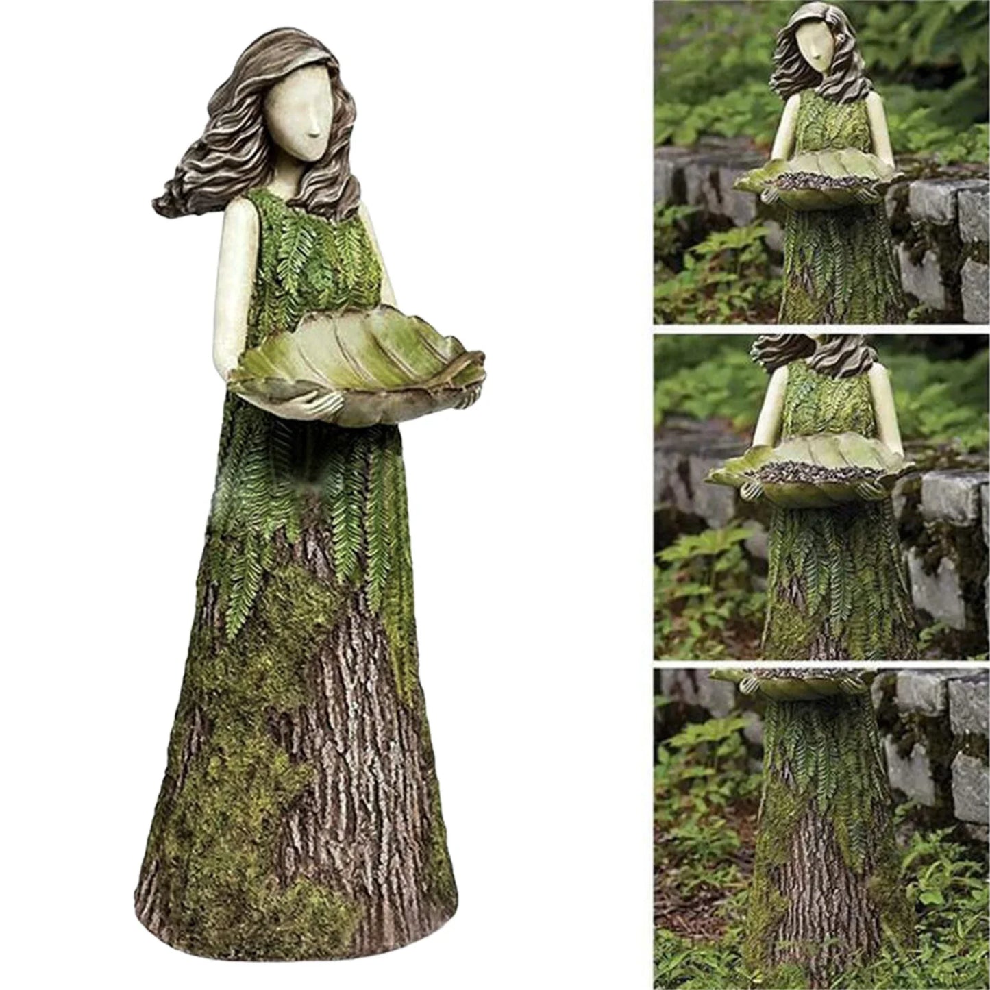 Green Fairy Statue Bird Feeder Resin Decoration Garden Forest Girl Sculpture Figurines Crafts Outdoor Lawn Garden Decoration