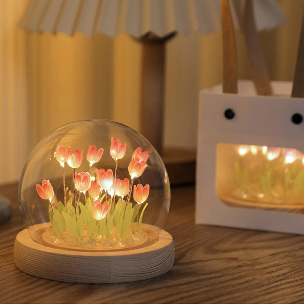 DIY Simulation Tulip LED Night Light Battery Operated Flower Table Lamp Tulips Handmade Material Bedside Lights Bedroom Decor