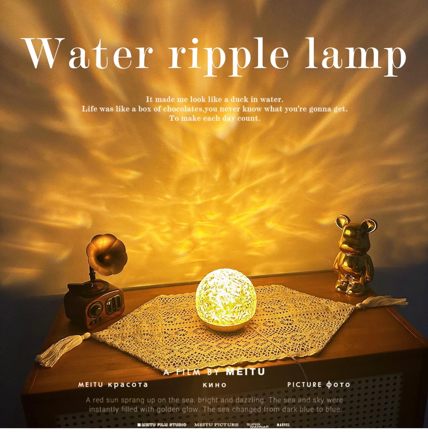 2025 New Water Ripple Projector Night Light Crystal Mood Lamp Home Bedroom Decorative Aesthetic Christmas Gift INS Sunset Lights