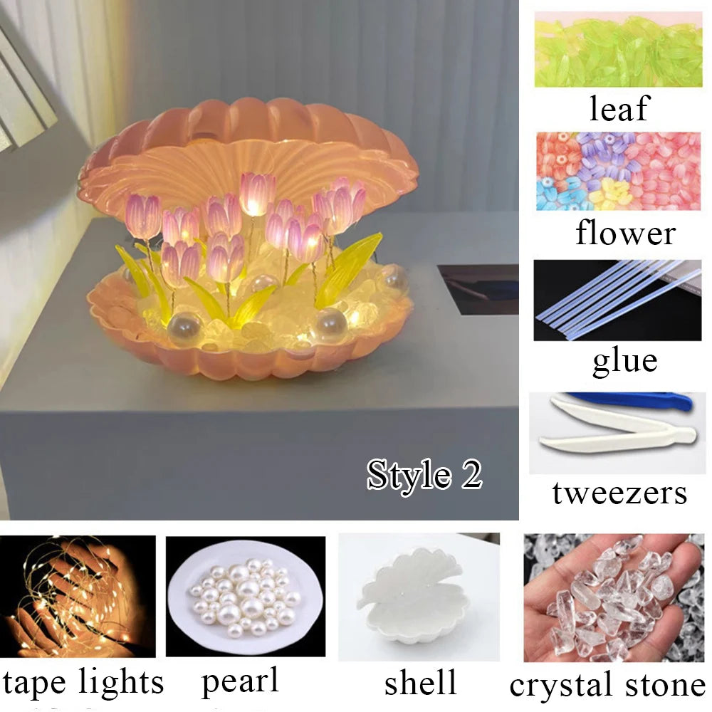 DIY Simulation Tulip LED Night Light Battery Operated Flower Table Lamp Tulips Handmade Material Bedside Lights Bedroom Decor