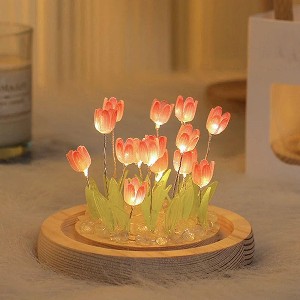 DIY Simulation Tulip LED Night Light Battery Operated Flower Table Lamp Tulips Handmade Material Bedside Lights Bedroom Decor