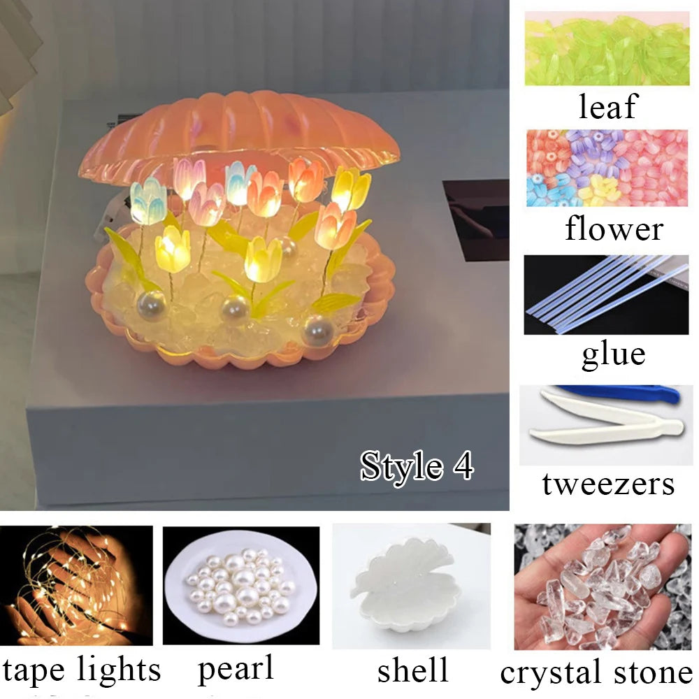 DIY Simulation Tulip LED Night Light Battery Operated Flower Table Lamp Tulips Handmade Material Bedside Lights Bedroom Decor