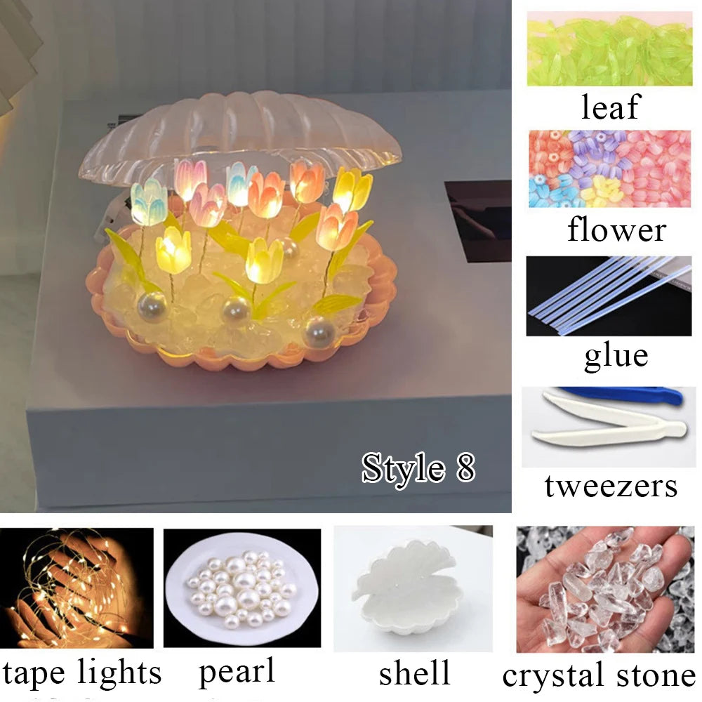 DIY Simulation Tulip LED Night Light Battery Operated Flower Table Lamp Tulips Handmade Material Bedside Lights Bedroom Decor