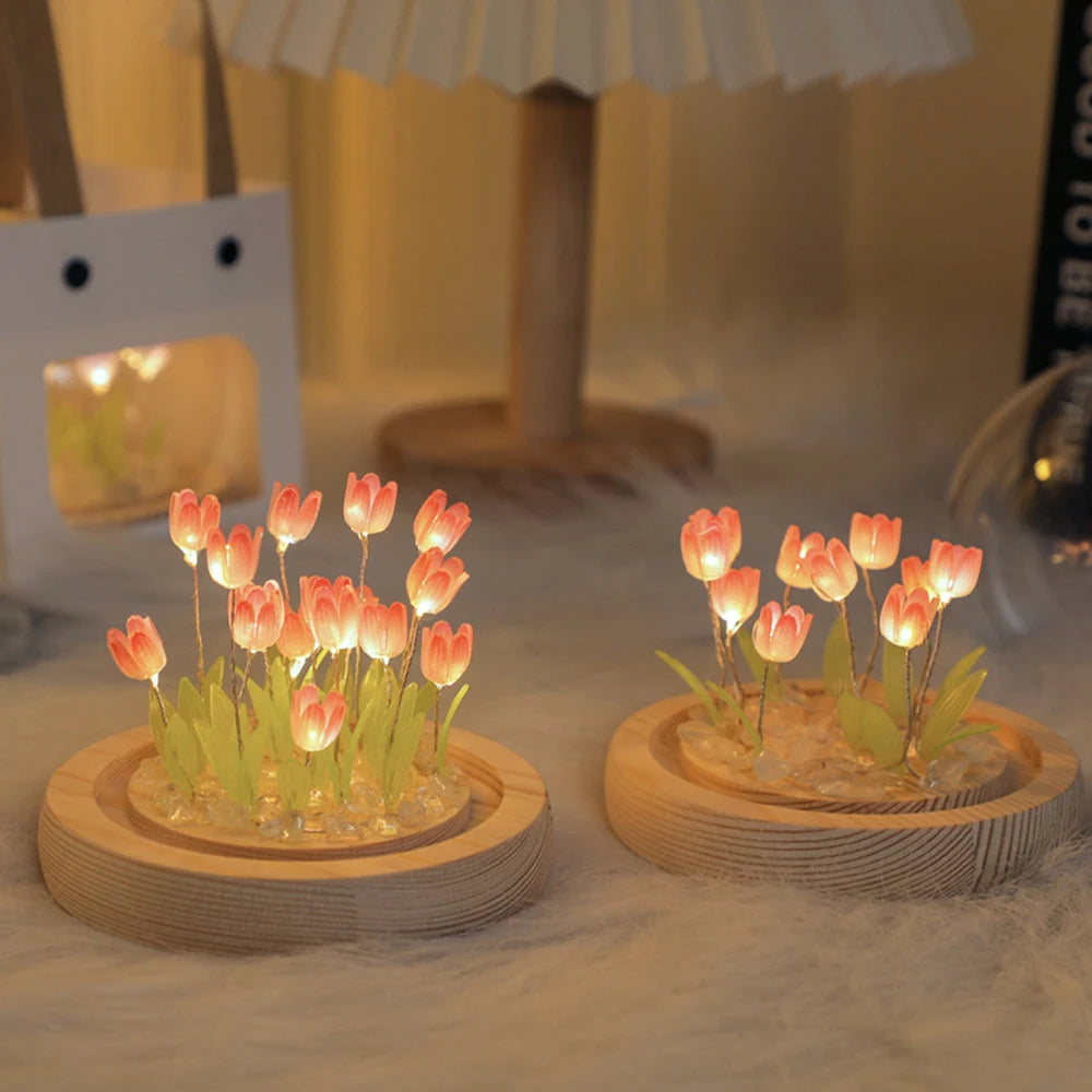 DIY Simulation Tulip LED Night Light Battery Operated Flower Table Lamp Tulips Handmade Material Bedside Lights Bedroom Decor